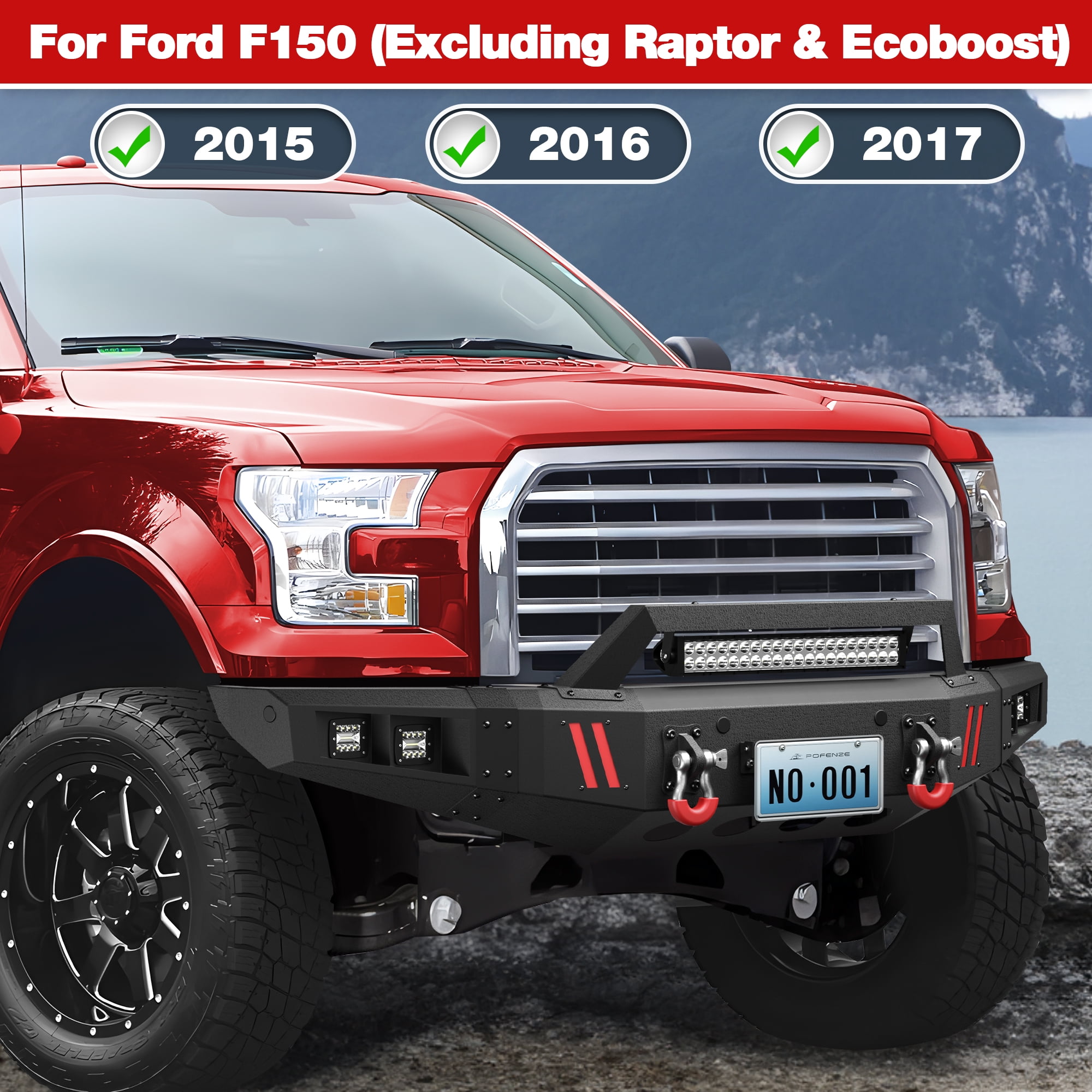 POFENZE Front Bumper with winch plate for Ford F150 2015 2016 2017 Black F-150 Truck Bumper