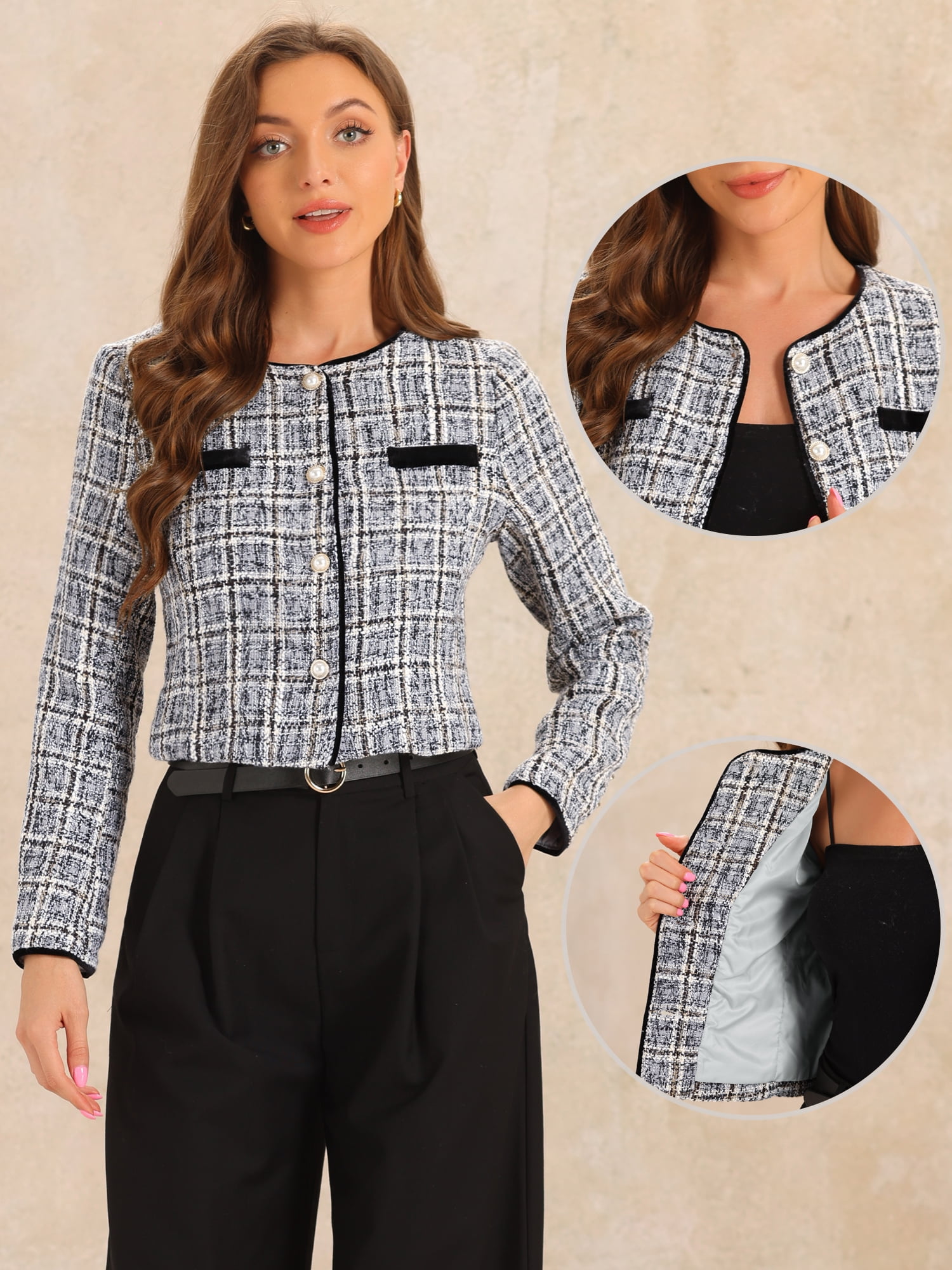 DARING DIVA Tweed Jacket Round Neck Button Front Closure Long Sleeve M Grey Brown