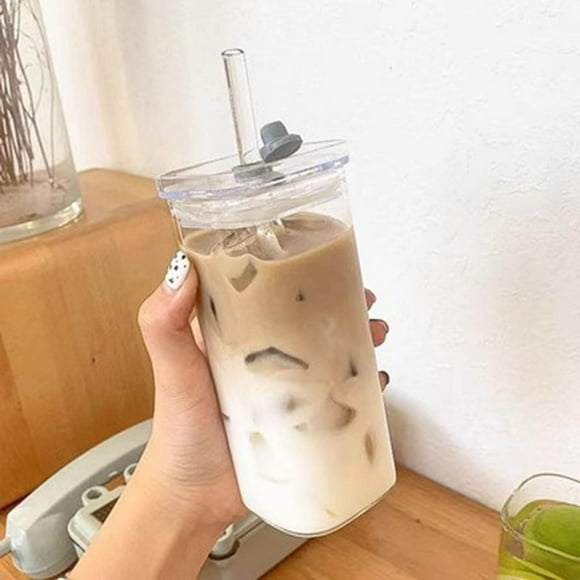 2Pcs Heat Resistant Glass Mug with Lid and Straw for Milk Juice Coffee Home Bar Party - 400ml/14oz Glass Water Mug Set - High and Low Temperature Resistant Glass Mug (Plastic lids)