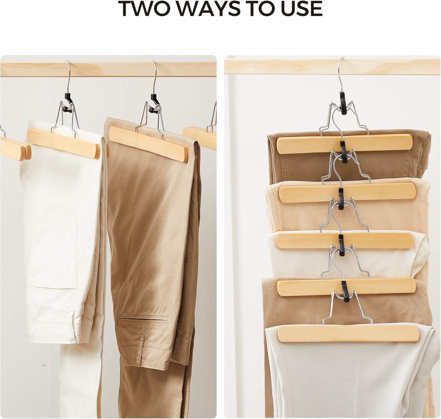 12 Pack Wooden Pants Hangers, Premium Solid Wood with Non-Slip Felt, Hold Pants Tightly, Smooth Finish Wood Skirt Hangers, with 360° Swivel Hook