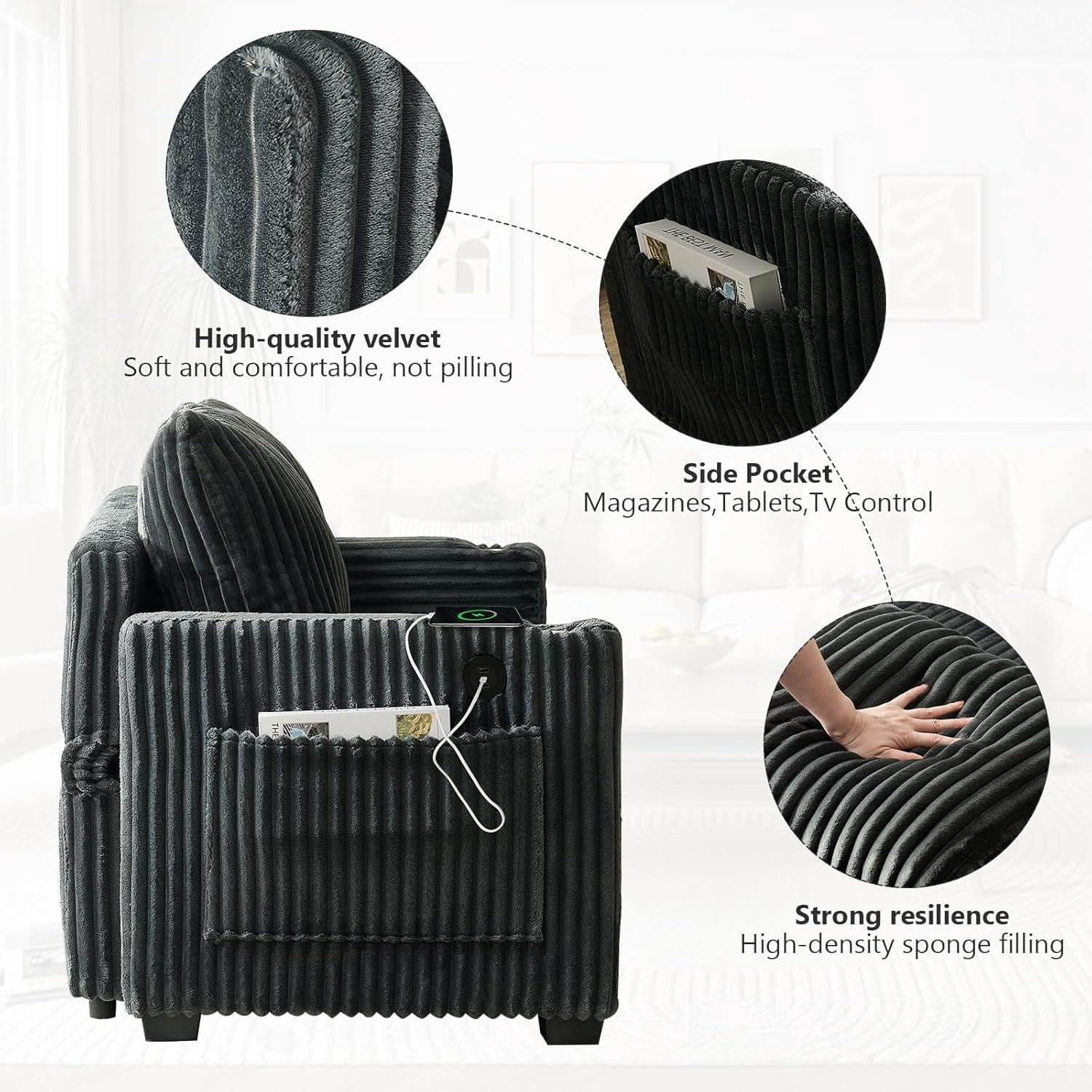 53" Convertible Corduroy Loveseat Sofa Bed with USB Charging, Cup Holders & Side Storage – Soft Corduroy Sleeper Sofa Lounge Recliner Chaise Daybed for Living Room, Bedroom, Office, Dark Gray