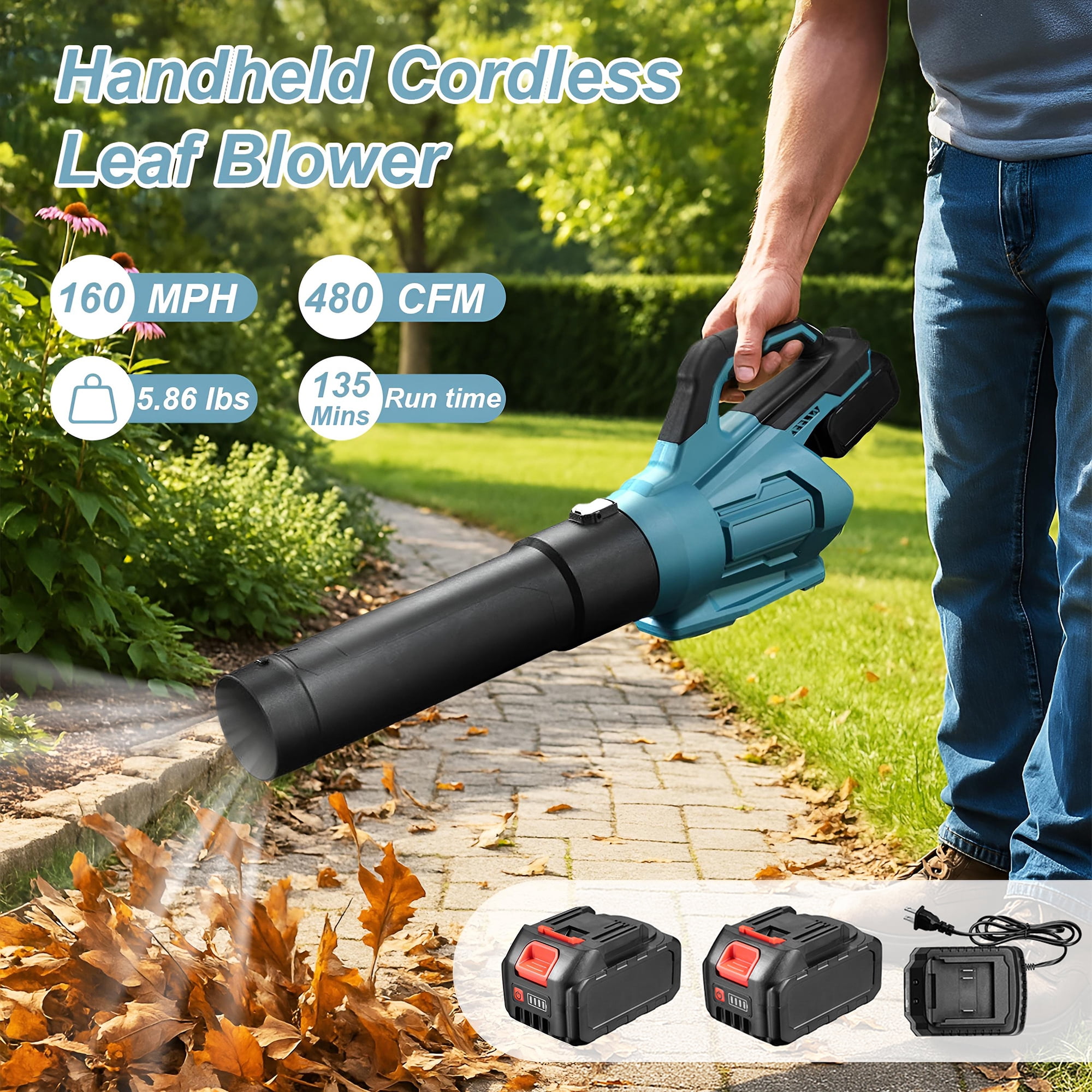 Pecham Leaf Blower Cordless, 21V Leaf Blower with 4.0 Ah Battery, 480CFM &160MPH Electric Blower for Lawn Care, Yard, Garage, Blowing Leaves, Dust or Snow