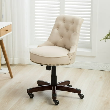 Adjustable Wheel - Belleze Elegant Classic Button Tuft Adjustable Height Swivel Tilt Nail Head Trim Linen Caster Wheels Beige