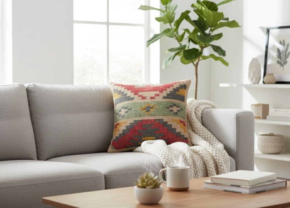 NATURAL FURNISH Handwoven Wool Jute Kilim Cushion Cover | Traditional Southwestern Geometric Decorative Throw Pillow Case | Handmade Kilim Pillow Cover for Sofa, Bed and Living Room (Beige, 2 PCS)