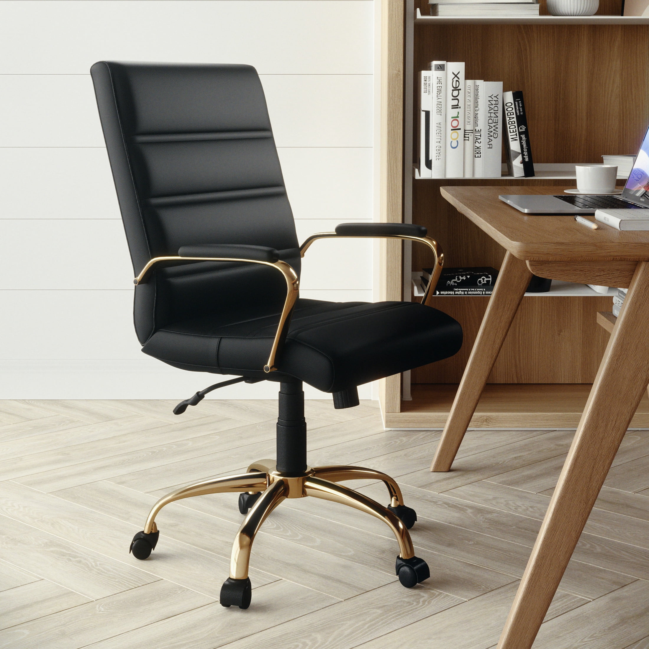 Flash Furniture Whitney Mid-Back Swivel LeatherSoft Desk Chair with Armrests, Black/Gold