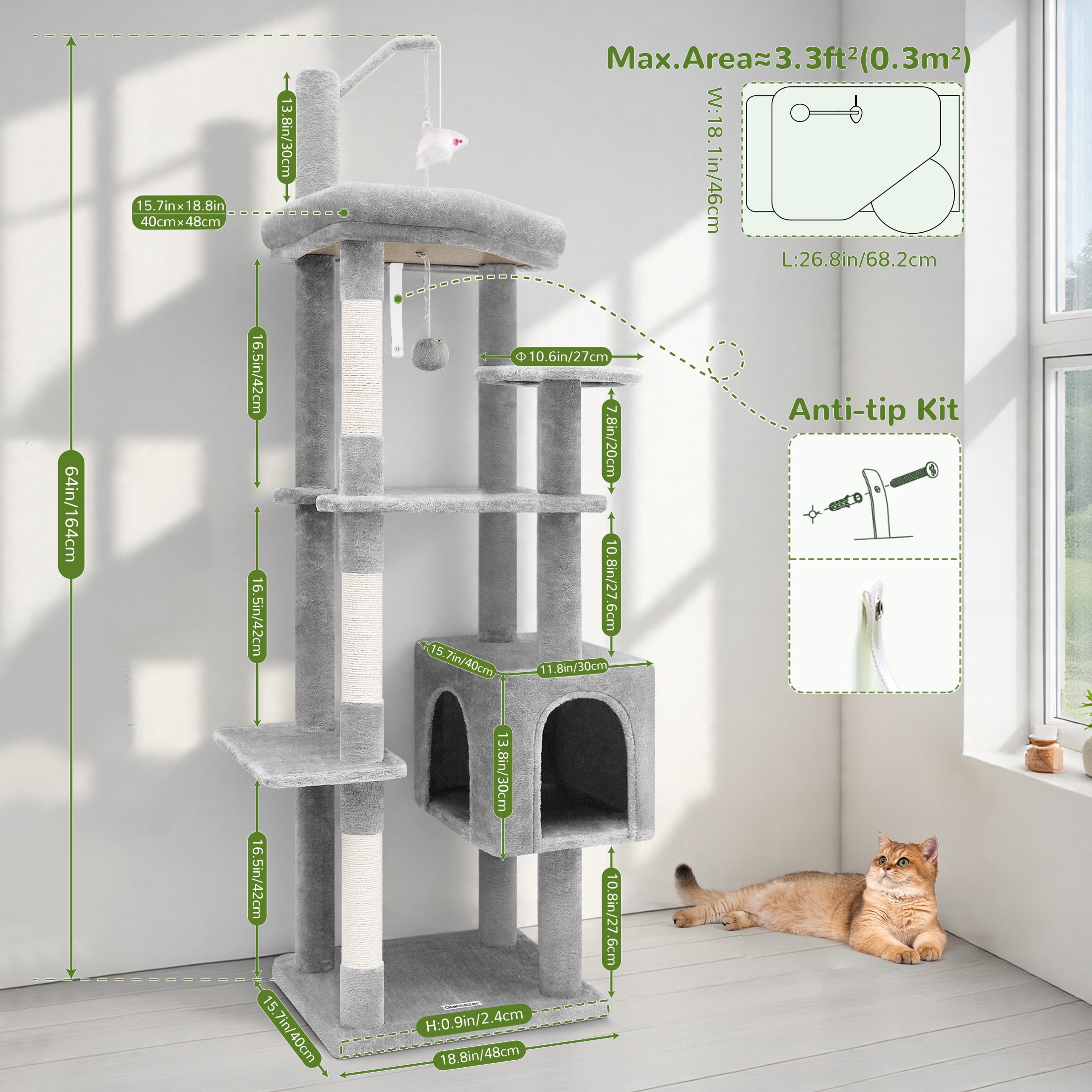 T65F 64" Tall Cat Tree Tower for Large Cats, Spacious Condo, Scratching Posts & Teaser Mouse
