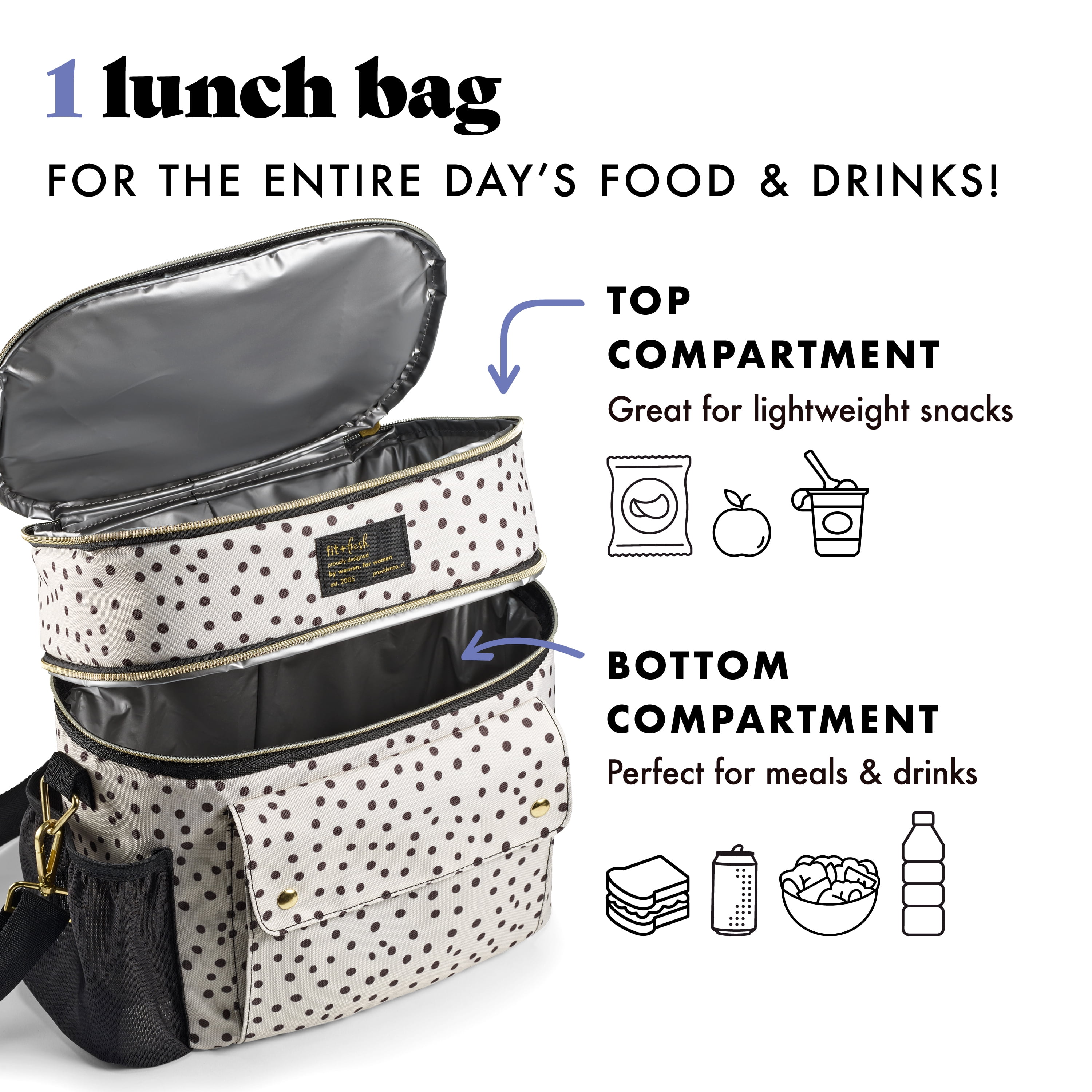 Fit + Fresh Dual Compartment Lunch Bag For Women, Insulated Lunch Box With Containers, B&W Dot