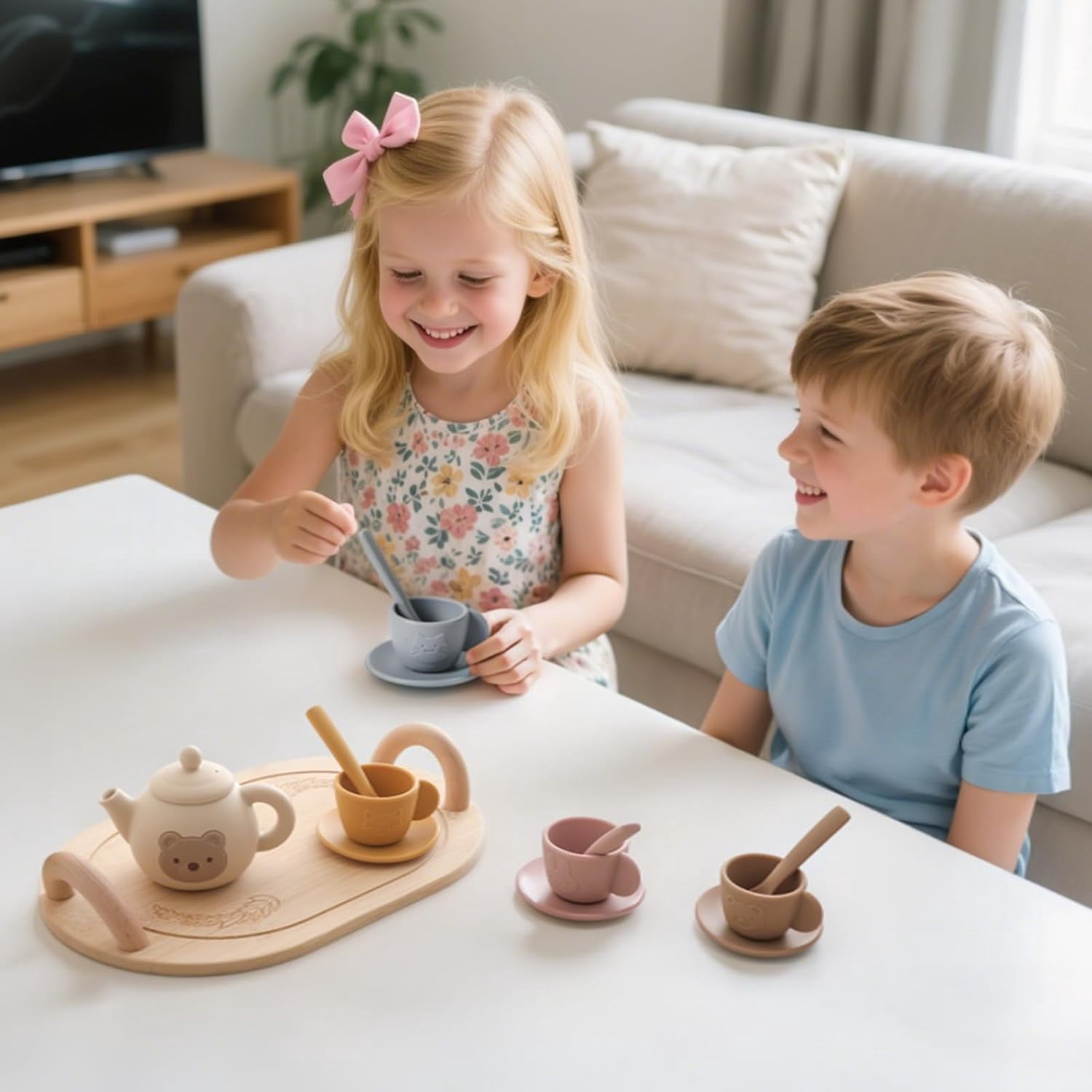 HYPERLIVING Tea Party Set for Little Girls 1-3 Kids Tea Set with Silicone Teapot Cups Coasters Carrying Scoop Wooden Tray, Kitchen Accessories Pretend Play for Girls Boys Age 3 4 5 (15 Pcs)