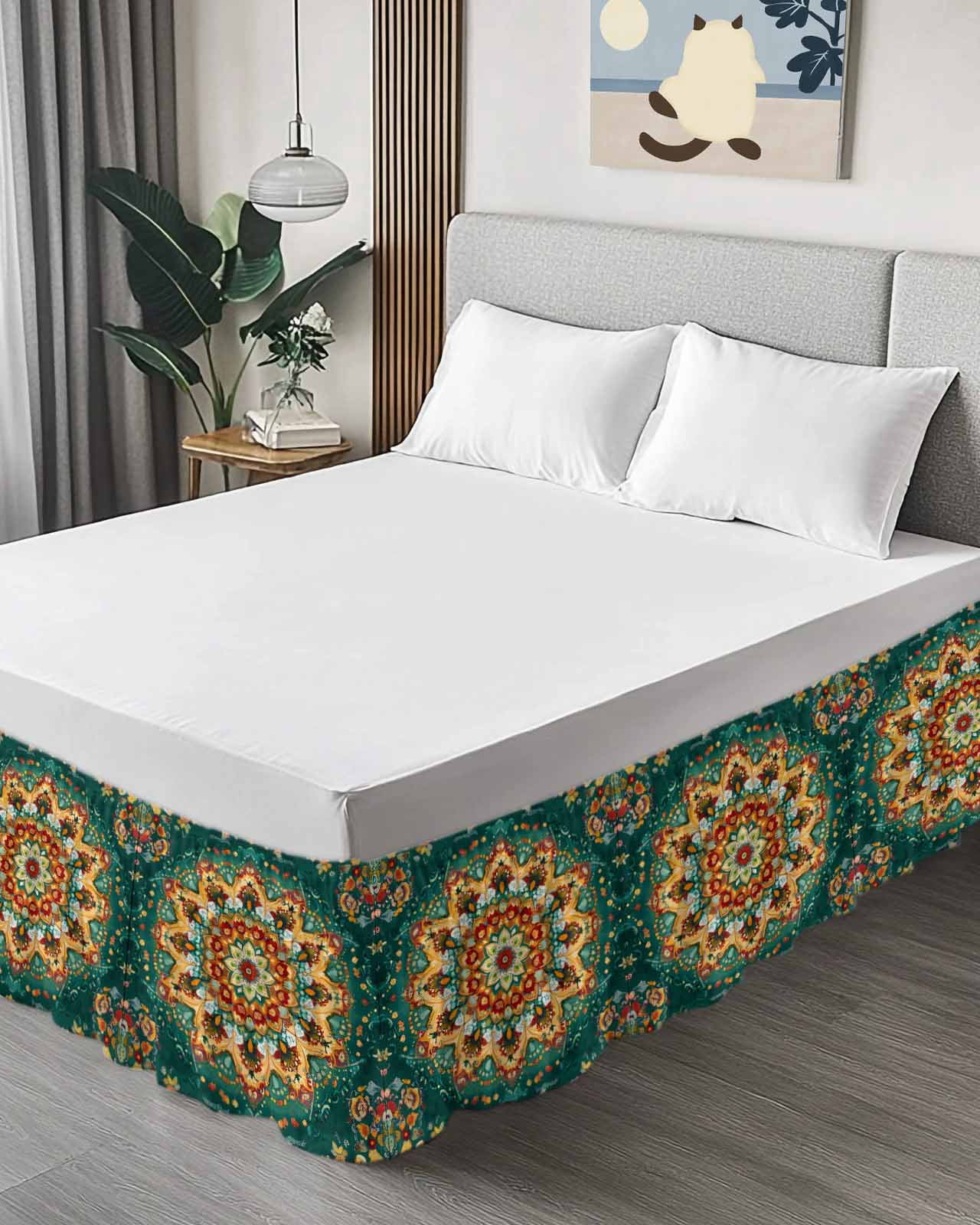 Boho Flower Wrap Around Bed Skirts for Queen Bed 16" Drop,Bed Skirt with Adjustable Elastic Belt Dust Ruffle Bed Valance for Bedroom Hotel Yellow Green Bohemian Colorful Medallion Bed Frame Cover