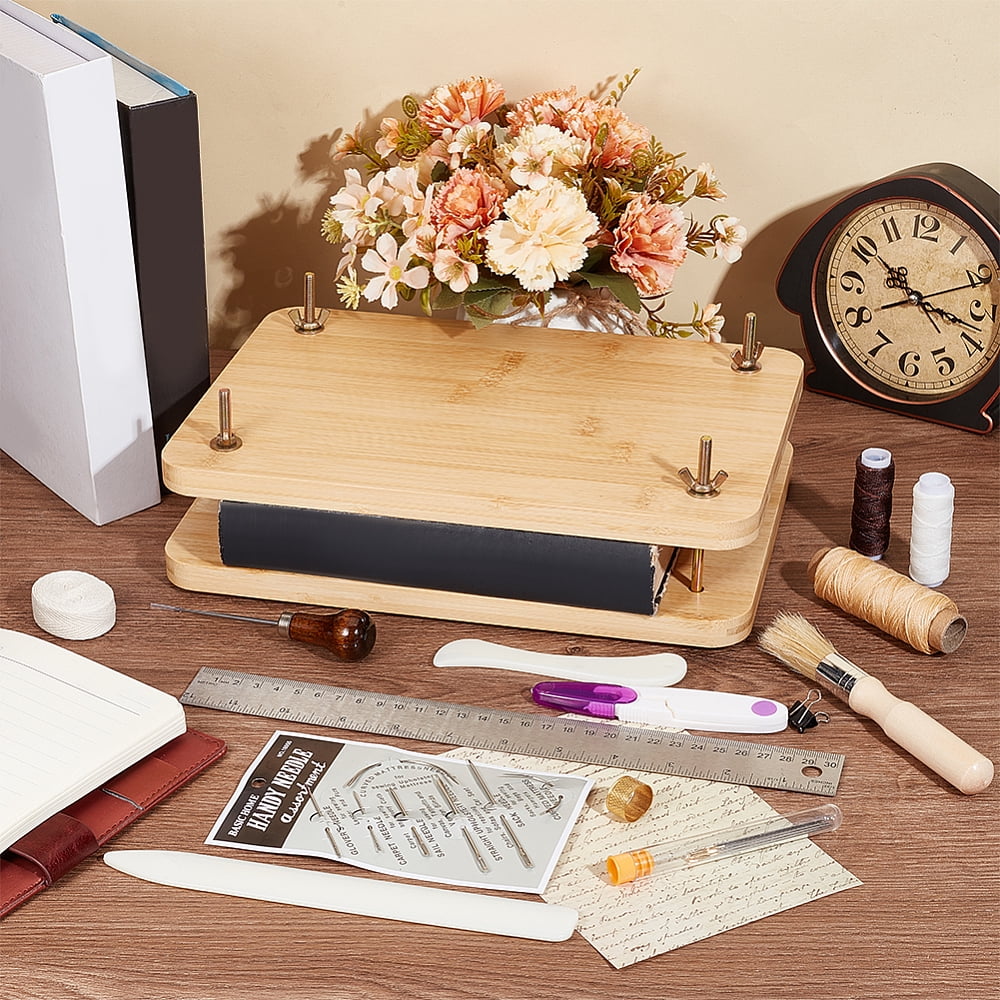 1box DIY Bookbinding Kits Including Wooden Book & Bristles Carbon Steel Needle Cotton Cloth Fabric Polycotton Ribbon & Cord Scissors Clips Rulers Thimbles Leather Craft Tools Mixed color