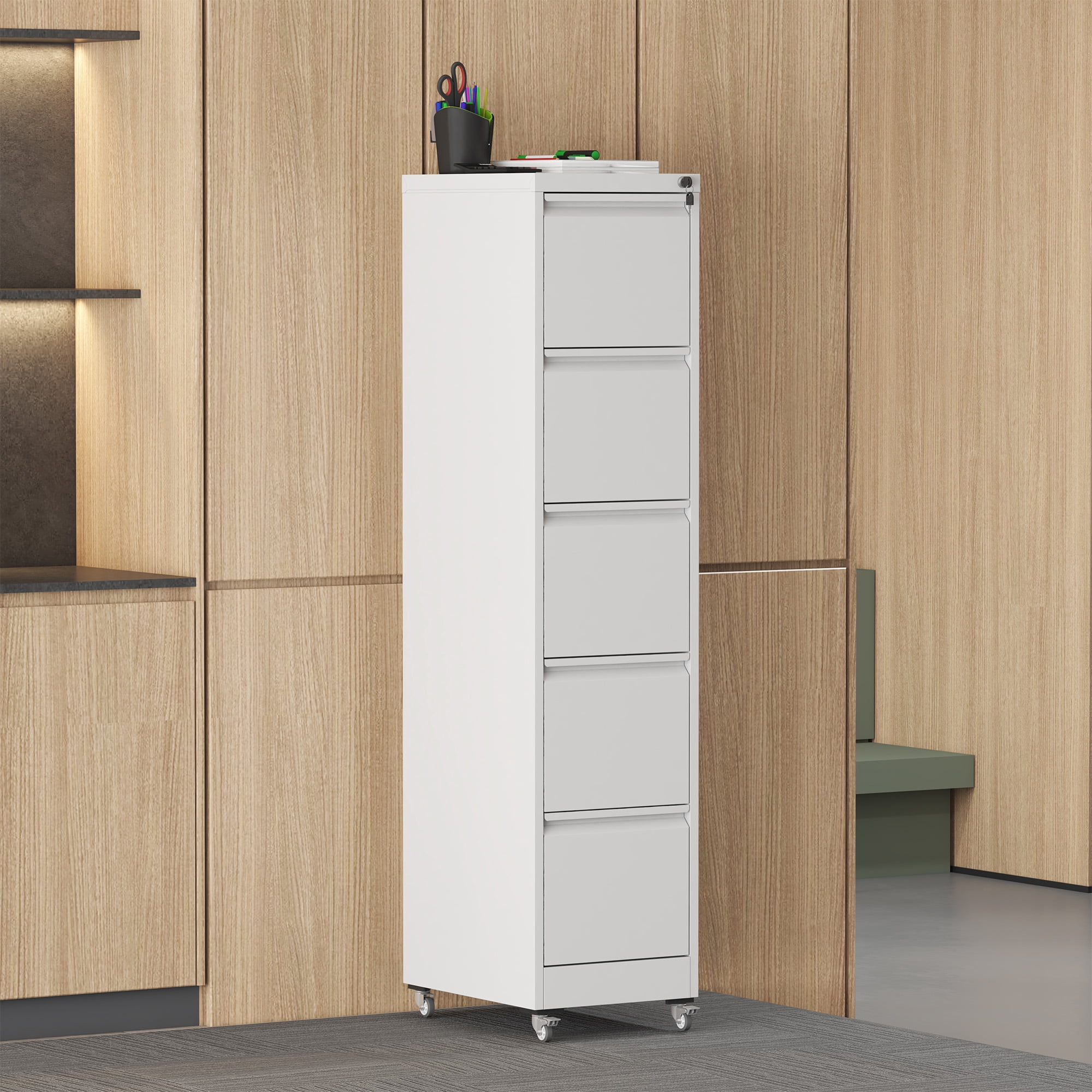 5 Drawer Metal Vertical File Cabinet with Lock on Wheels for Home Office,Heavy Duty Metal Storage Cabinet for A4/Letter/Legal Size Files, White, 17.71"D*15.16"W*64.17"H