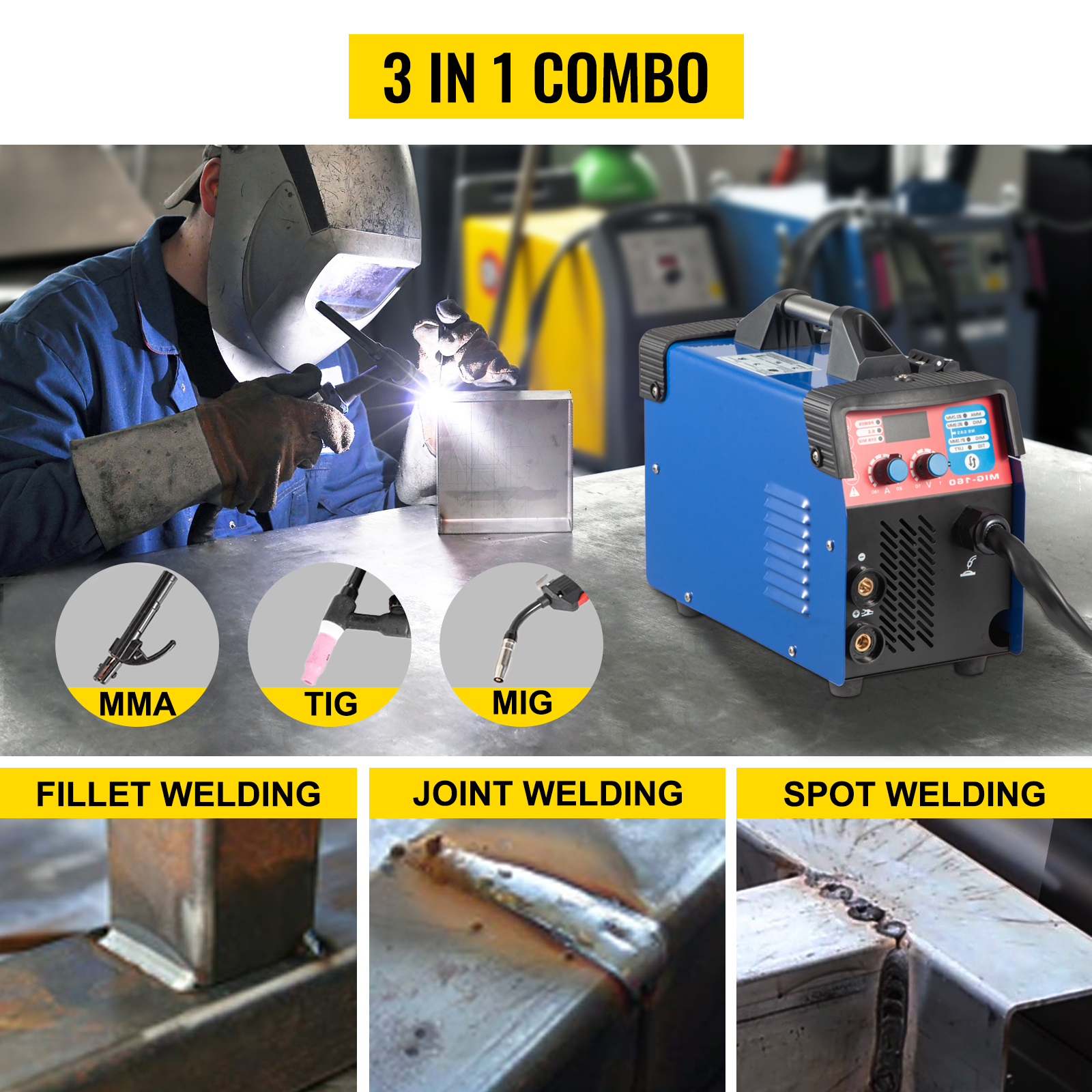 VEVORbrand MIG Welder, 130A Welding Machine, 3 in 1 Combo MMA/ MIG/ LIFT TIG Welder Machine, Flux Core Welder, MIG-130 Portable Welding Machine, mig welding equipment with 1 KG Welding Wire