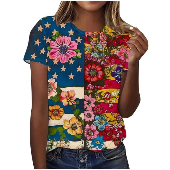 asdoklhq 4th Of July Shirts Womens Tshirts Cotton Memorial Day Women's Independence Day Printed Short-sleeved Round-neck Top Multicolor XL