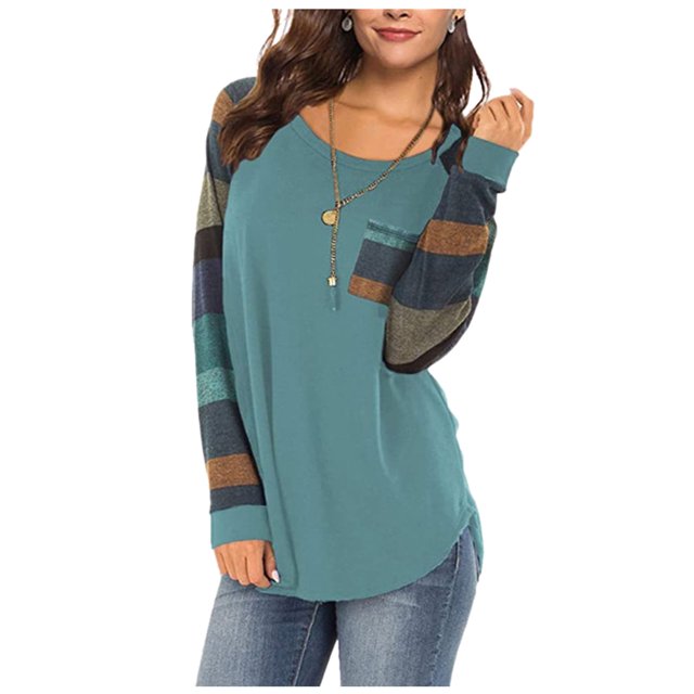 Pompotops Haut Décontracté à Manches Rayées Patchwork pour Femmes T-Shirt Ample à Manches Longues Blouse