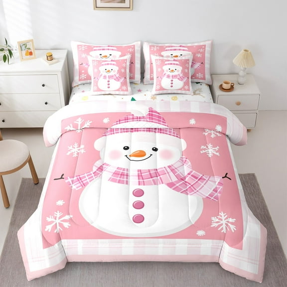 Manfei Cartoon Christmas Snowman 7-Piece Twin Bedding Sets,Merry Xmas Bedding Comforter Set,Pink White Snowflake Sheet Sets For Girl Kids,Super Cozy Room Decor Reversible