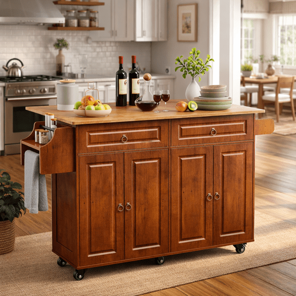 Noelse 52" Kitchen Island Carts with Drop Leaf, Large Island Table for Kitchen with Rubber Wood Top and Rack and Storage Cabinet, Brown