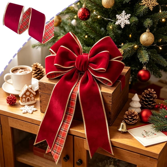 Christmas Wired Ribbon with Gold Trim, Plaid Fabric Ribbon Roll, Gift Wrapping Wreath Tree Decor