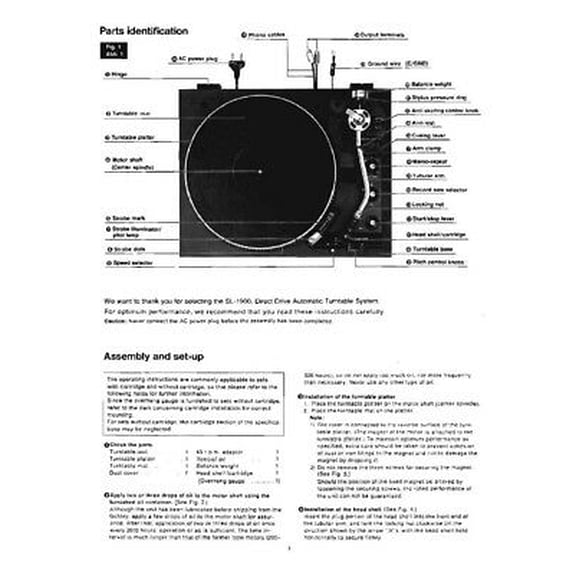 Instruction Manual ONLY for Technics SL-1900 Turntable Owners Instruction Manual REPRINT