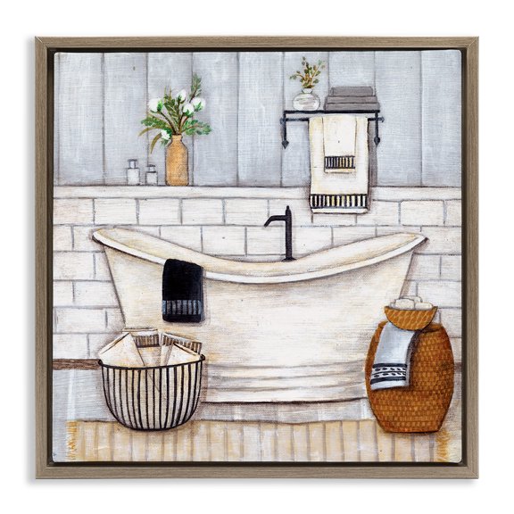 Stupell Industries Bathroom Farmhouse Style Tub Abstract Painting Brown Floater Framed Canvas Art Print Wall Art, 25 x 25