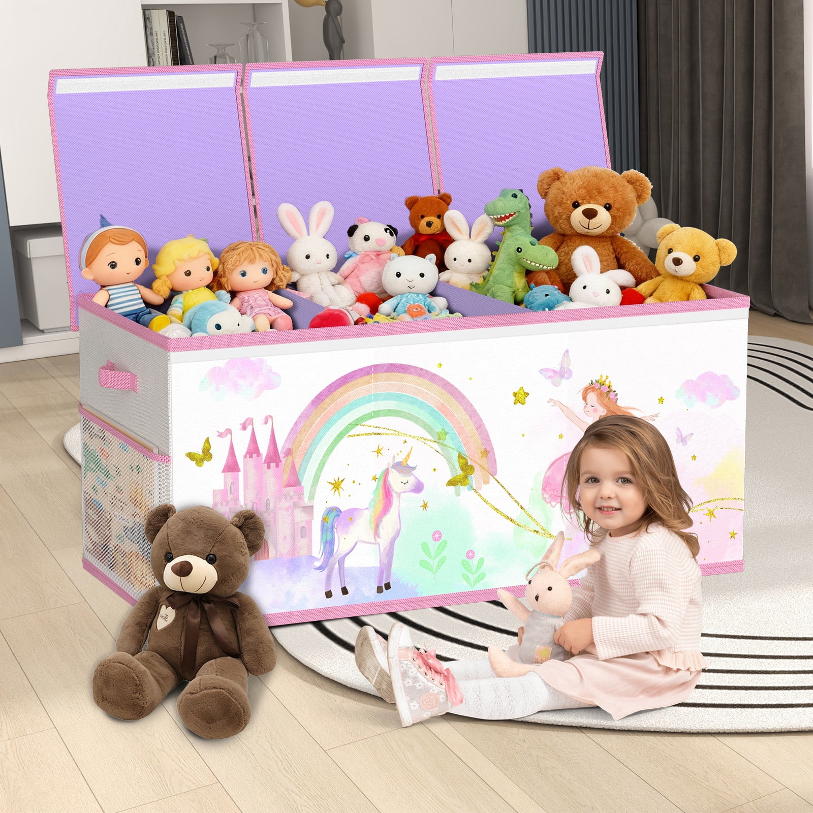 Extra Large Toy Storage Box for Girls Boys - Collapsible Toy Chest Organiser for Kids,Toy Bin Container with Lid for Clothes,Blanket,Nursery,Playroom,Bedroom,Stuffed Animals,Quilt(Beige&Purple)