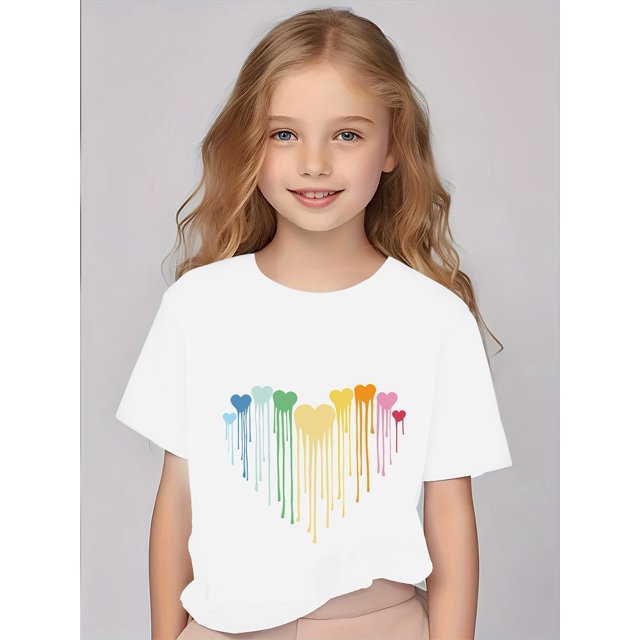 Camiseta de punto de manga corta con estampado de corazones para niños, transpirable y elástica, con cuello redondo, ideal para deportes al aire libre, ropa informal, camiseta de verano.