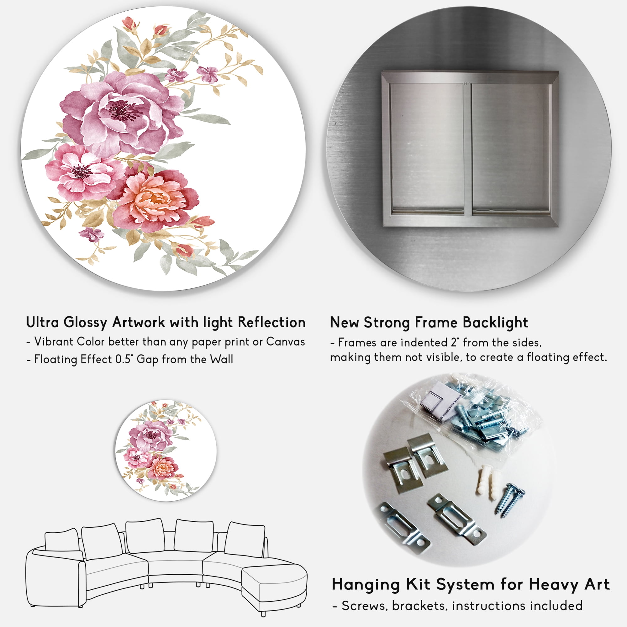Designart 'Bouquet of Purple and Pink Flowers III' Farmhouse Circle Metal Wall Art 23x23 - Disc of 23