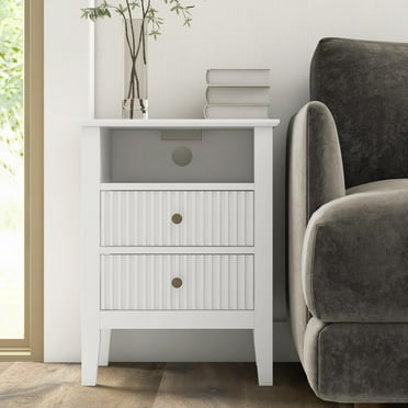 Fluted Nightstand with Charging Station, White End Table with 2 Silent Slide Drawers & Storage Shelf, Modern Side Table, Wood Night Stand Cabinet for Living Room, Bedroom
