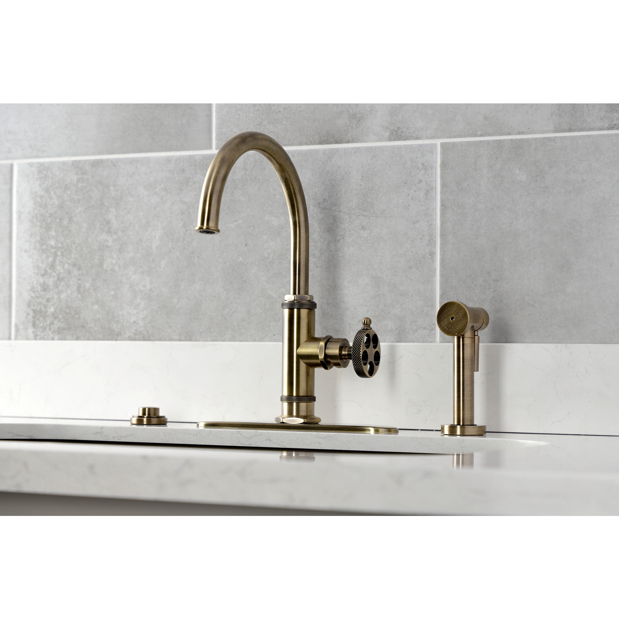 Kingston Brass KS2433RKX Webb Single-Handle Kitchen Faucet with Knurled Handle and Brass Side Sprayer, Antique Brass