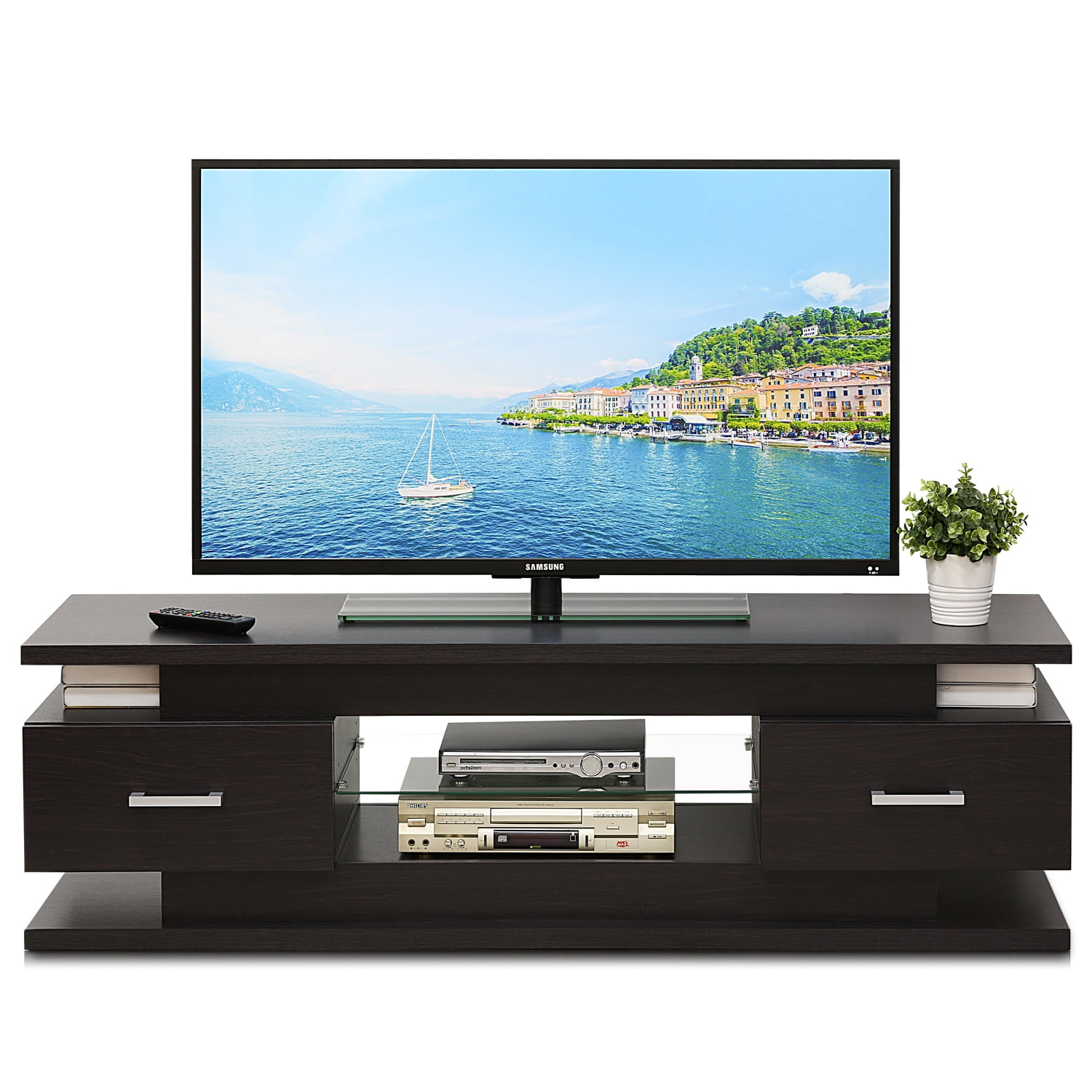 Furinno FVR7231WG Entertainment Center with 2 Drawers & Glass Shelf