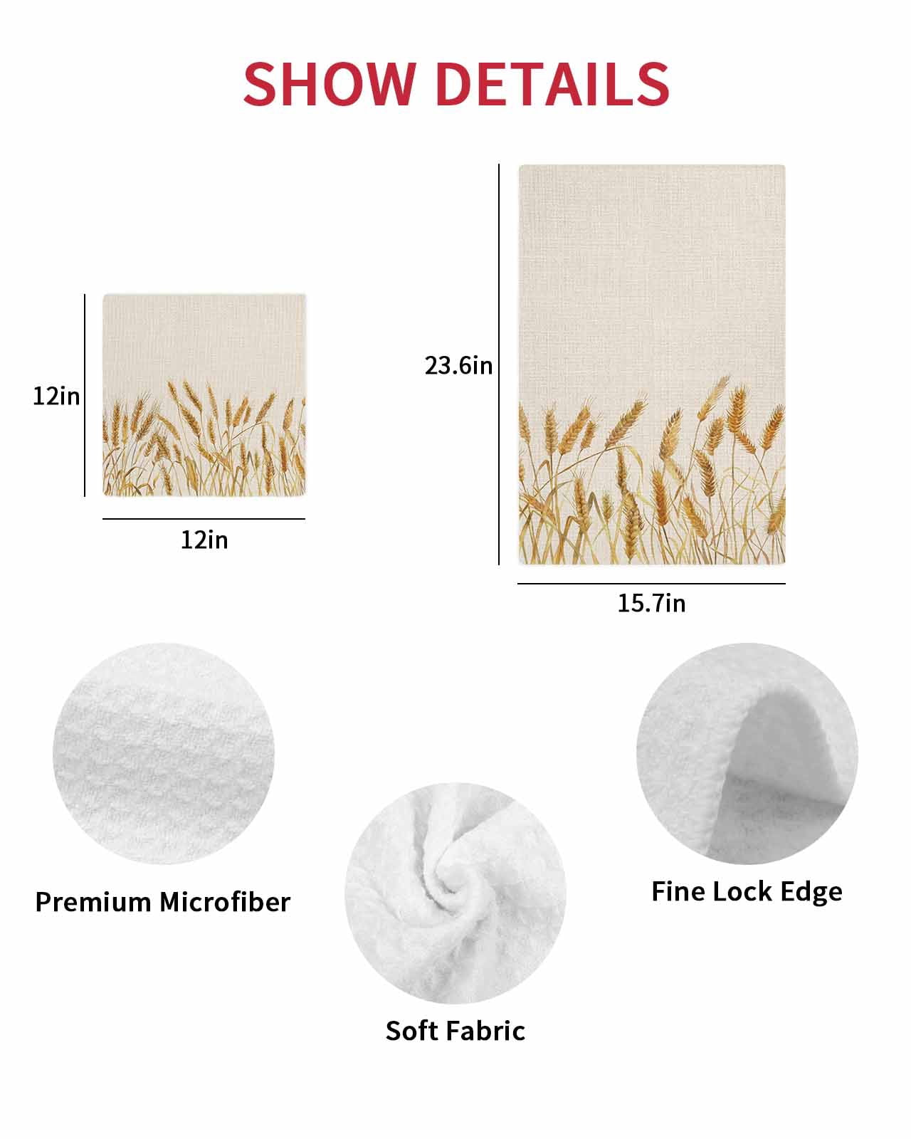 Fall Wheat Kitchen Dish Towels for Drying Dishes Set of 2, Autum Botanical Rustic Yellow Orange Waffle Weave Microfiber Hand Tea Bathroom Towels Quick Dry & Absorbent Towel 15.7x23.6