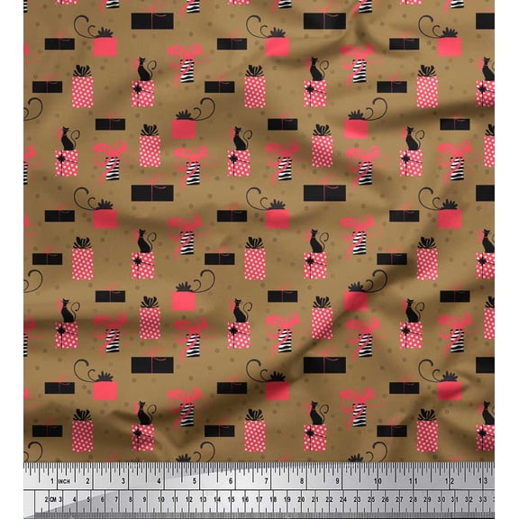 Soimoi Brown Heavy Satin Fabric Dot & Gift Box Party Printed Fabric 1 Yard 54 Inch Wide
