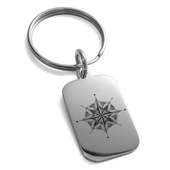 Tioneer Stainless Steel Nautical Mandala Lotus Compass Engraved Small Rectangle Dog Tag Charm Keyring Celtic