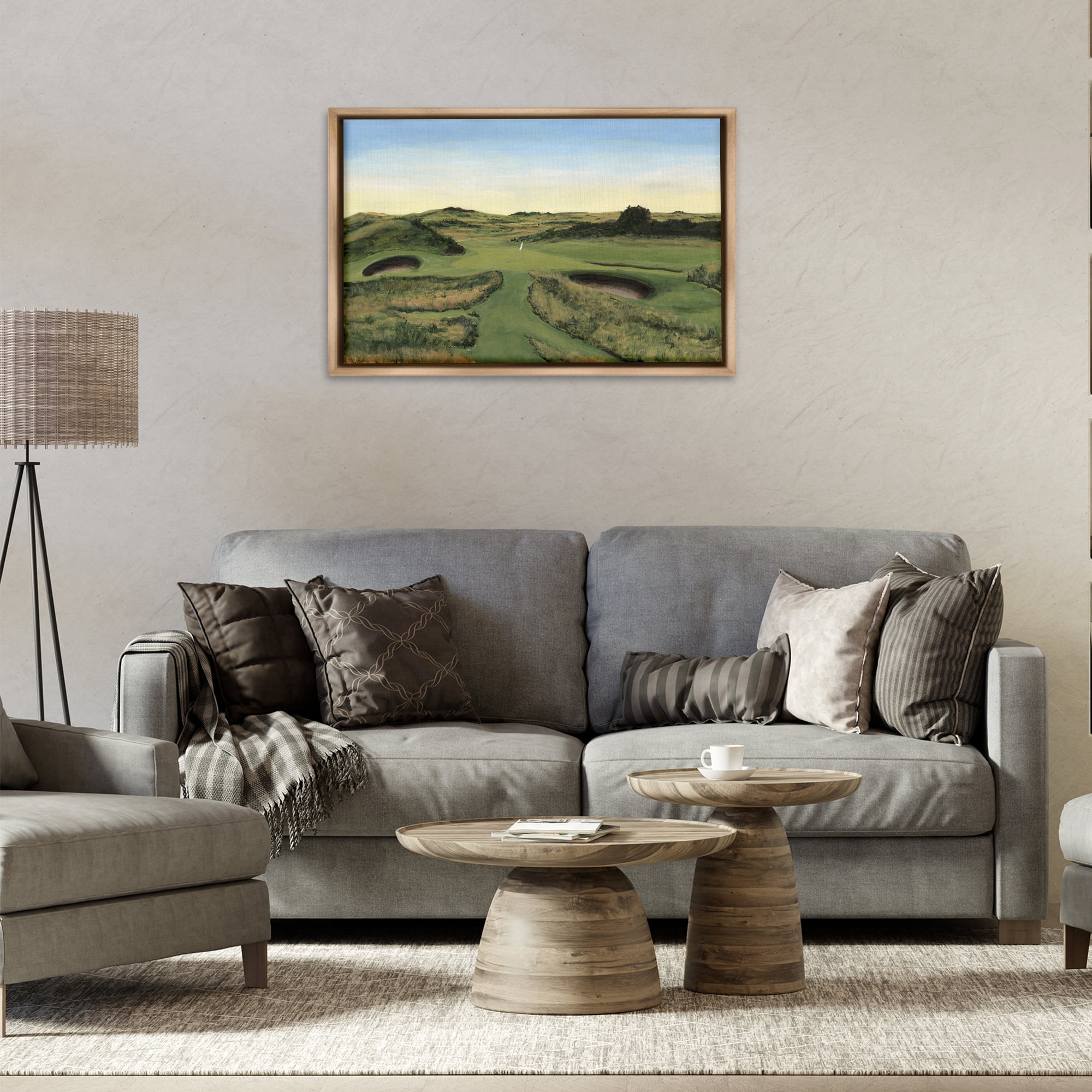 Stupell Industries Golf Field Landscape Landscape Painting Brown Floater Framed Art Print Wall Art, 31 x 21