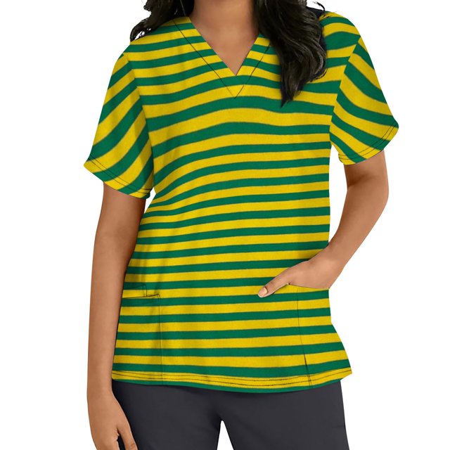 Snoarin Summer Plus Size Work Tops for Women Tops Short Sleeve V-neck Tops Working Uniform Stripe Print With Three Pockets Blouse Work Uniforms for Women on Clearance