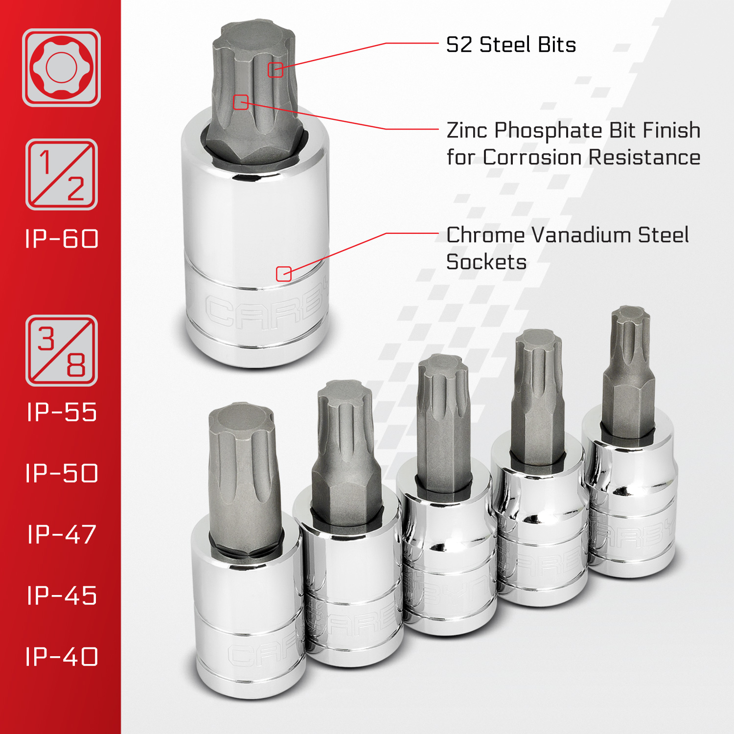 Carbyne 13-Piece Torx Plus Bit Socket Set, 6 Lobe, Tp-8 to Tp-60, S2 Steel Bits, CrV Sockets, 1/4 in. 3/8 in. 1/2 in. Drive, Zinc Phosphate