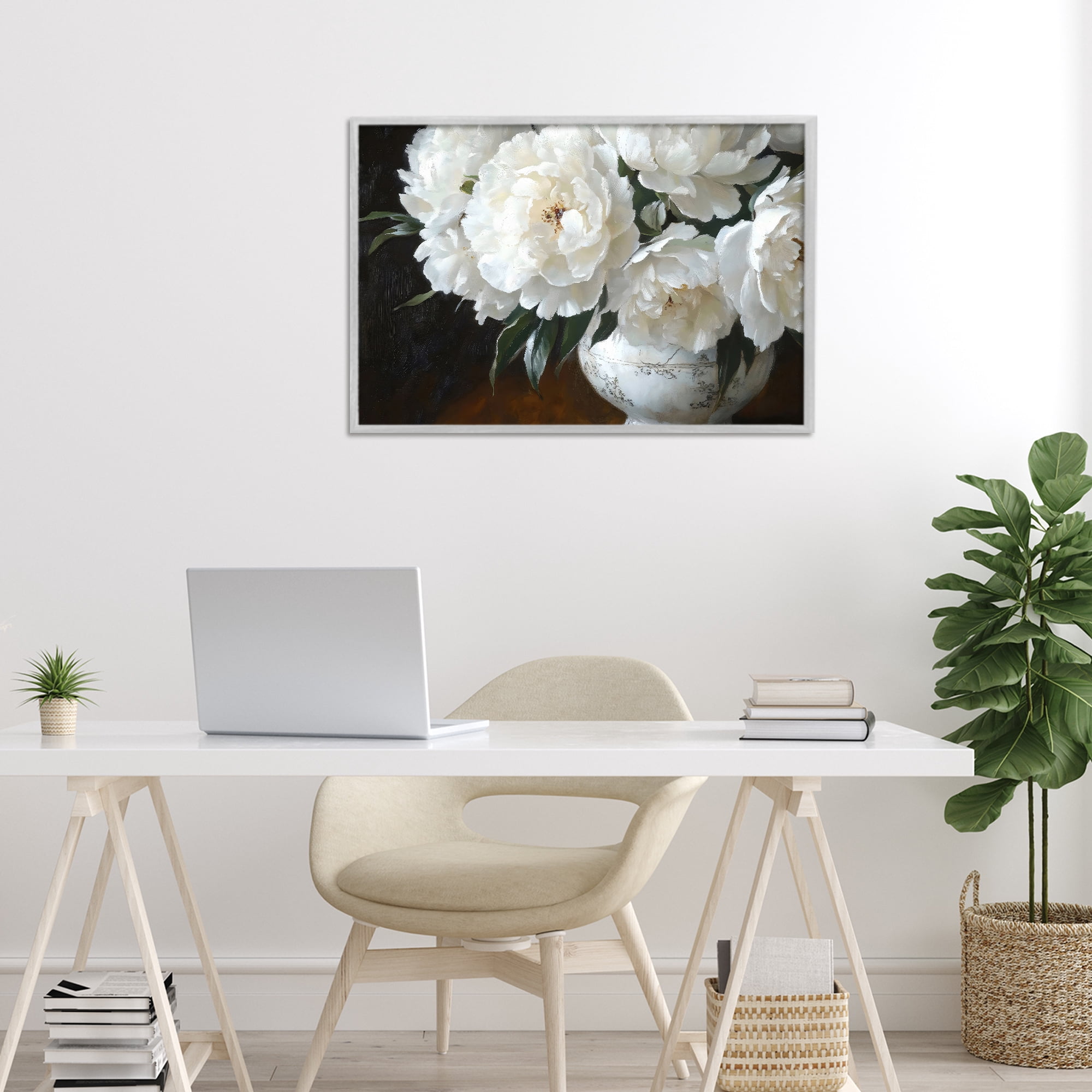 Stupell Industries White Flowers in Vintage Vase Gray Framed Giclee Art, design by Petal Prints Design