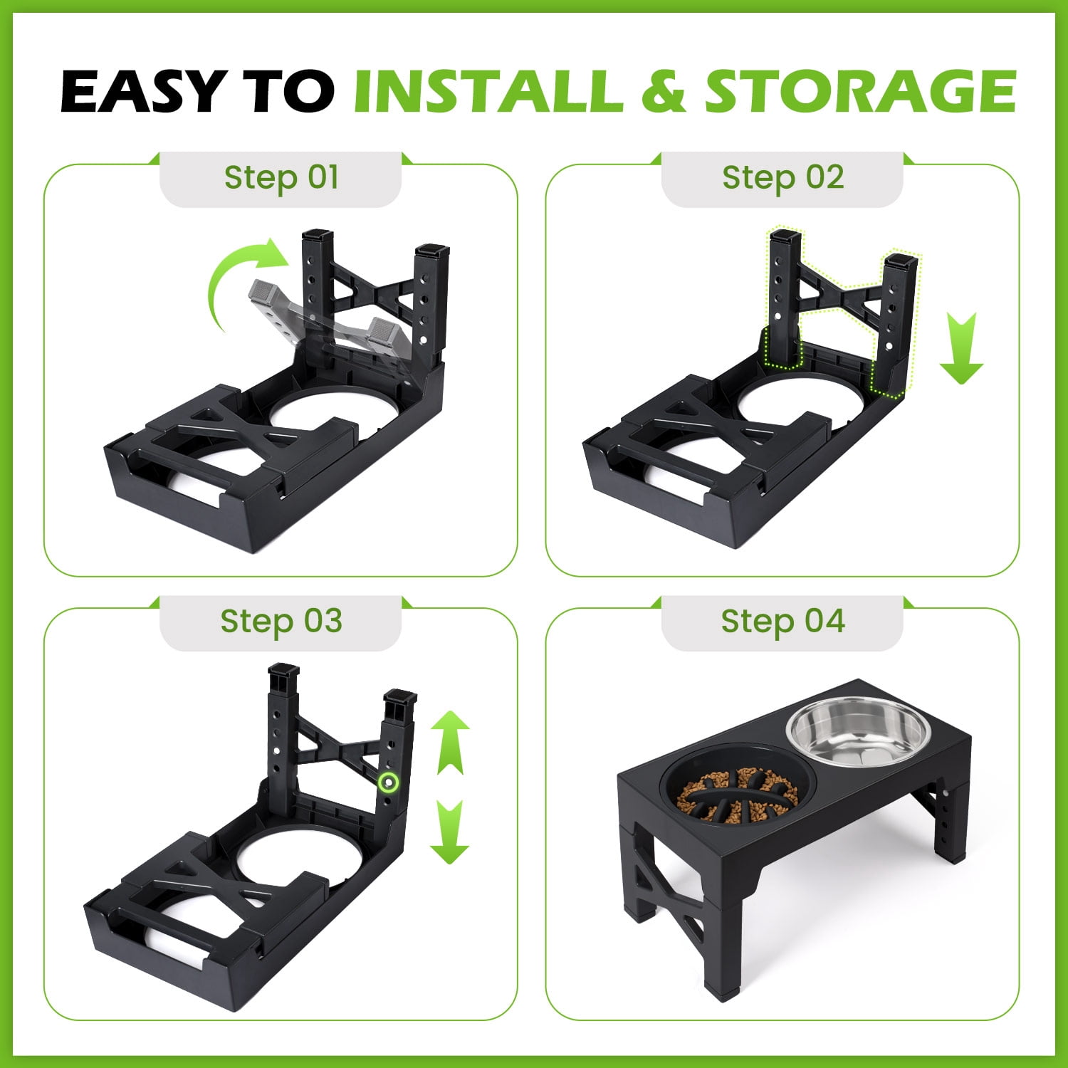Elevated Dog Bowls Stand with 2 Stainless Steel Bowls & 1 Slow Feeder Adjusts to 5 Heights for Small Medium and Large Dogs(Black)