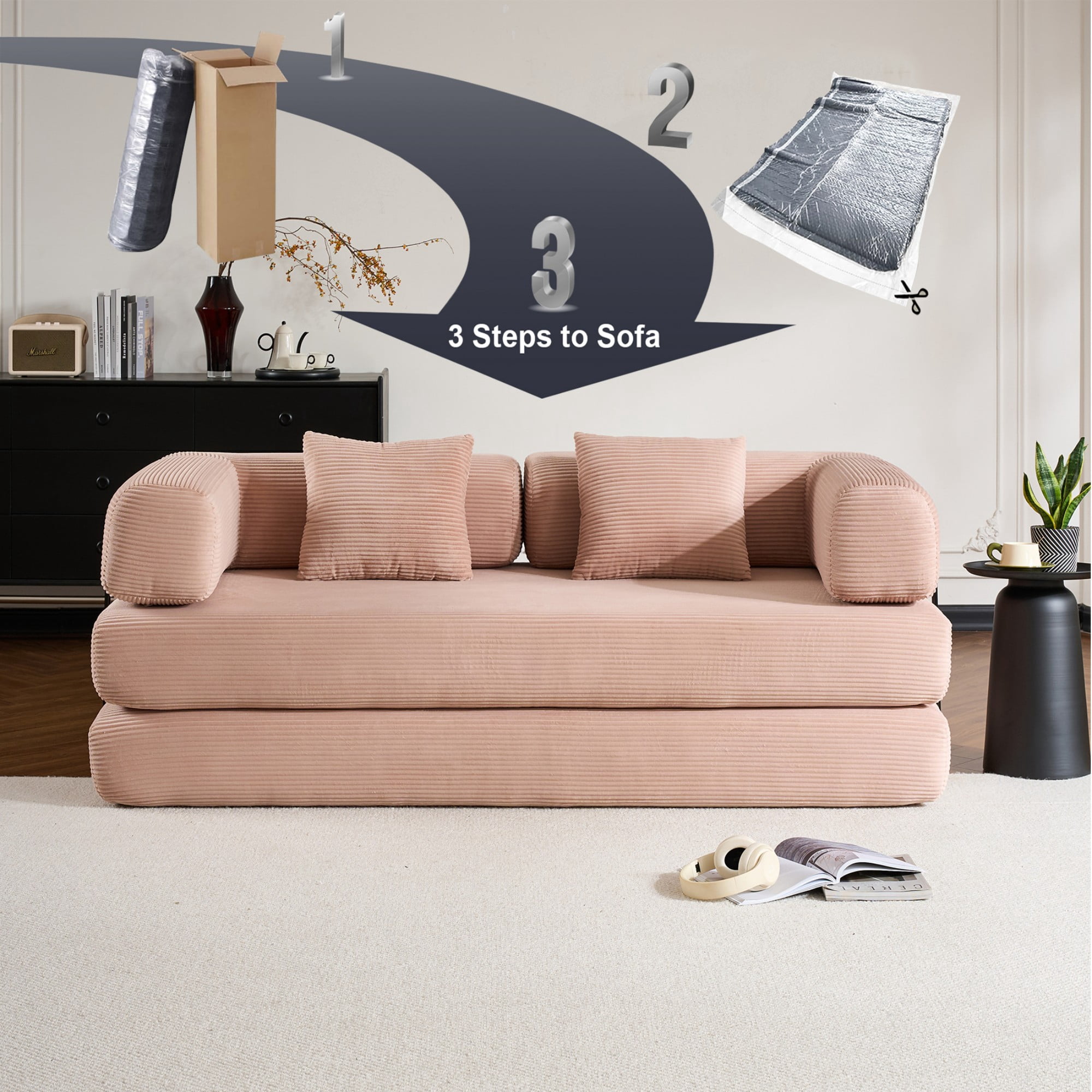 BSHTI 77" Casual Corduroy Convertible Sleeper Sofa Bed with Cylindrical Pillow, No Assembly, Small Space for Living Room（Pink）