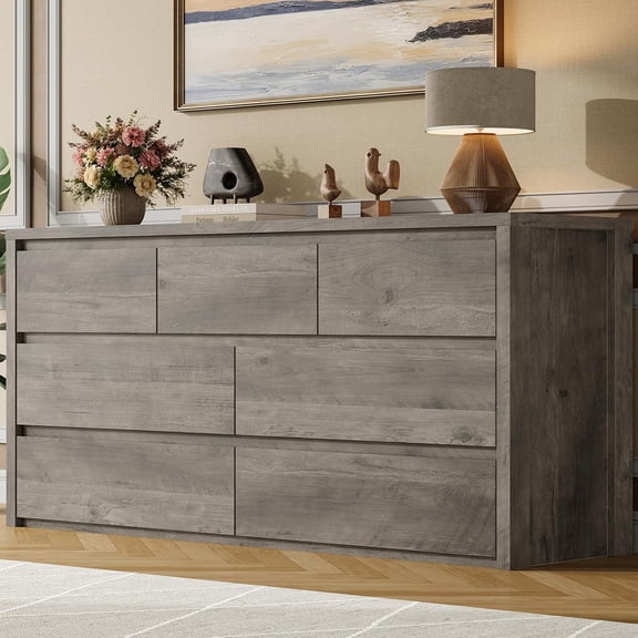 7 Drawer Dresser for Bedroom, Wood Chest of Drawers Handle Free, Large Modern Dresser Storage Cabinet for Living Room, Hallway Entryway, Gray