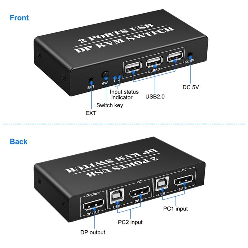 DP KVM Switch 2 Port 8K@30Hz Displayport1.2 Switch 2 in 1 Out with 3 USB2.0 Port for 2 PC Laptop Share Keyboard Mouse