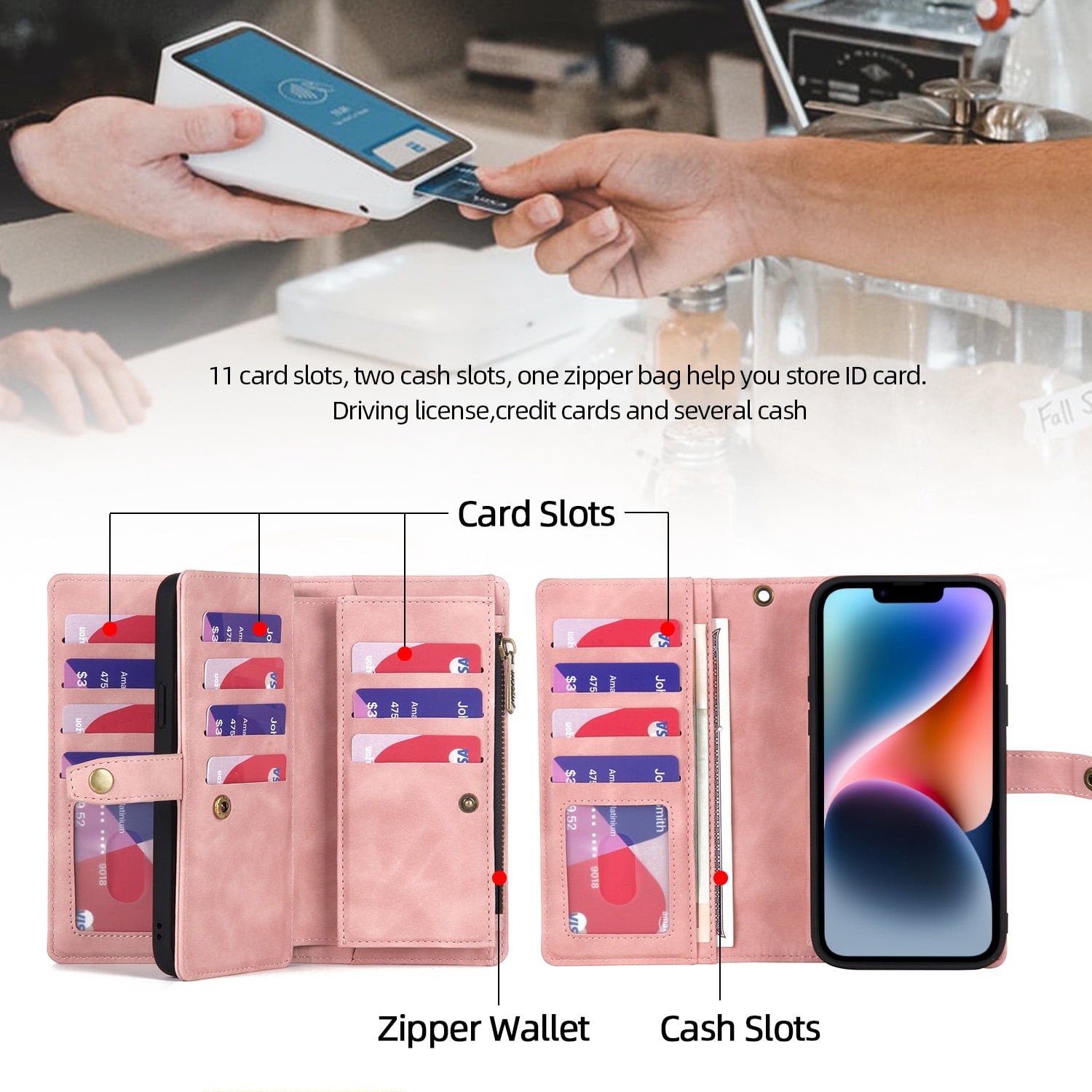 Dteck for iPhone 14 Plus Case, iPhone 14 Plus Case Wallet for Women Men, Durable PU Leather Magnetic Flip Lanyard Strap Wristlet Zipper Card Holder Phone Cases for iPhone 14 Plsu 6.7 Inch,Pink