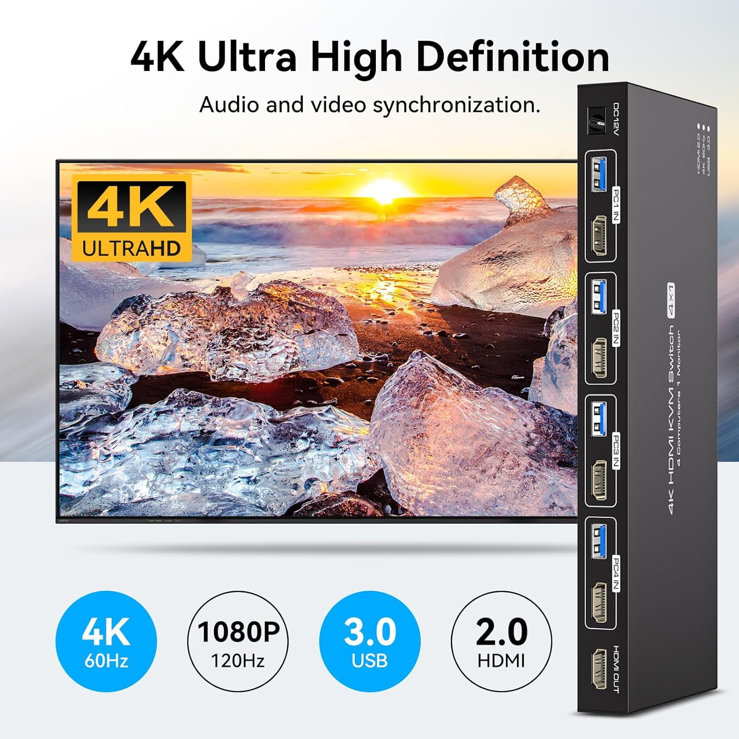 AUBEAMTO HDMI KVM Switch 4 Computers 1 Monitor 4K@60HZ 4 Port KVM Switches for 4 PC Share Single Monitor and 4 USB 3.0 Devices, Such as Keyboard Mouse Printer, with Controller, Plug and Play