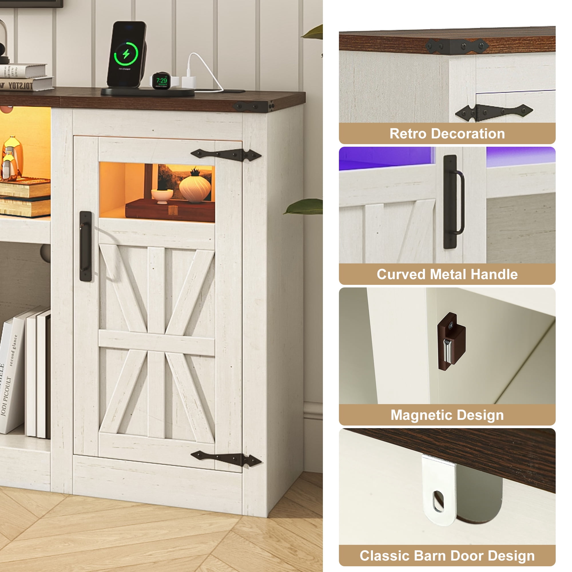 ChVans 95" Farmhouse TV Stand for 90/100"TV with LED Lights and Power Outlets, Large Entertainment Center with 2 Barn Doors Storage Cabinet & 6 Semi-Open Compartments for Living Room, White