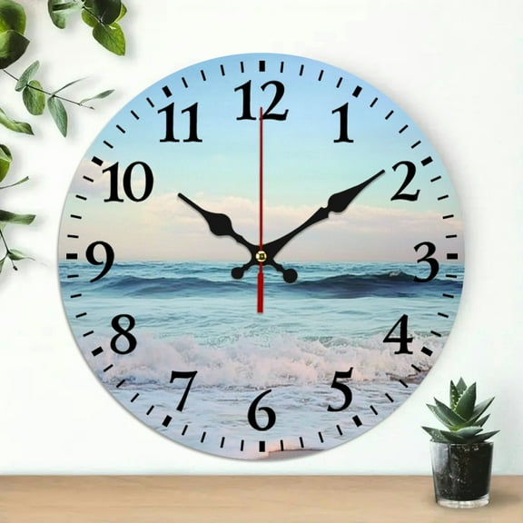 ZFLMY Round Wooden Wall Clock Beach Waves Sky Print Decor for Living Room 10 Inches Easy to Read Stylish Clock for Home and Office 10x10in