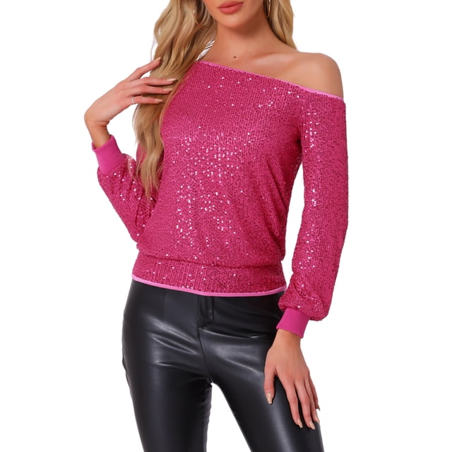 INSPIRAR CHIC Blusas de Hombros Descubiertos con Lentejuelas para Mujeres, Top Brillante de Manga Larga para Fiesta Disco en Rosa Fucsia