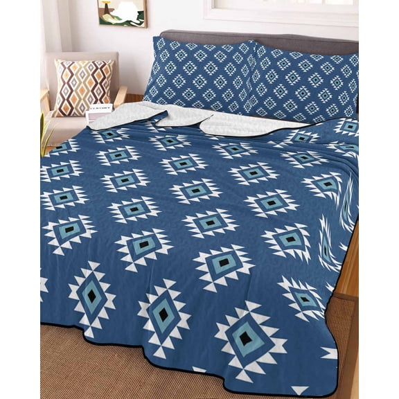 Blue Boho Geometric King Size Down Alternative Comforter, Lightweight Comforter Quilt Bedding Set with Pillow Shams Farmhouse Southwest Motifs Art All Seasons Bed Comforter Duvet Insert 96"x106"