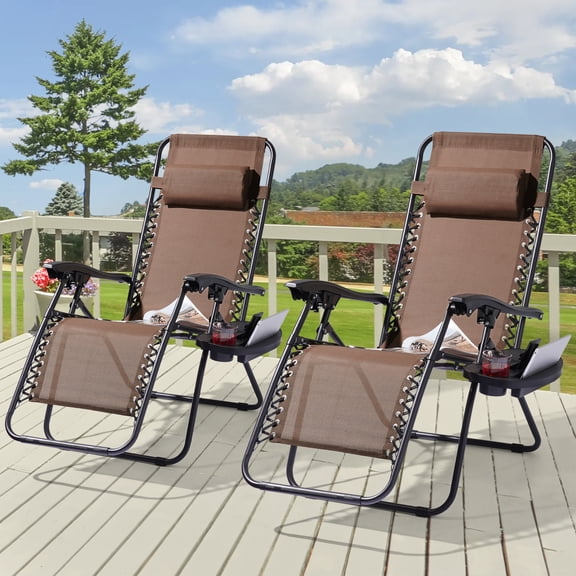 CHYVARY Set of 2 Oversized Zero Gravity Patio Reclining Lounge Chair with an Adjustable Headrest and Side Tray, Brown