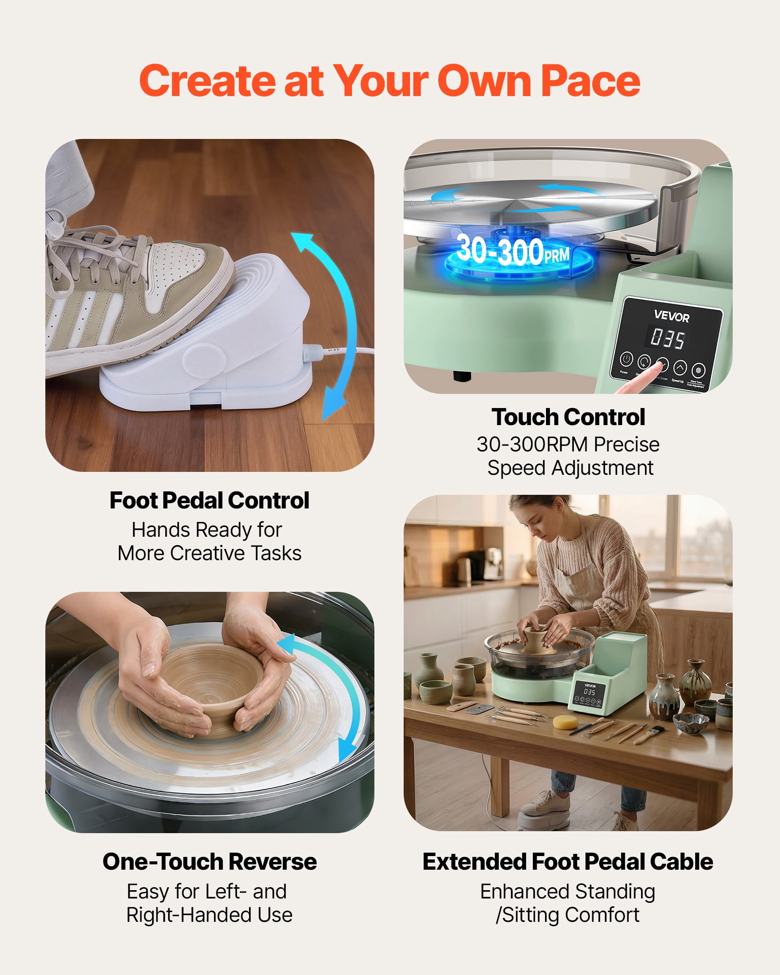 VEVOR Pottery Wheel for Adults, 11" Aluminum Turntable, 450W Electric Table Top Pottery Wheel with Foot Pedal, 30-300 RPM Adjustable Speed, Detachable Basin, for Beginners, DIY Clay Art Craft, Green