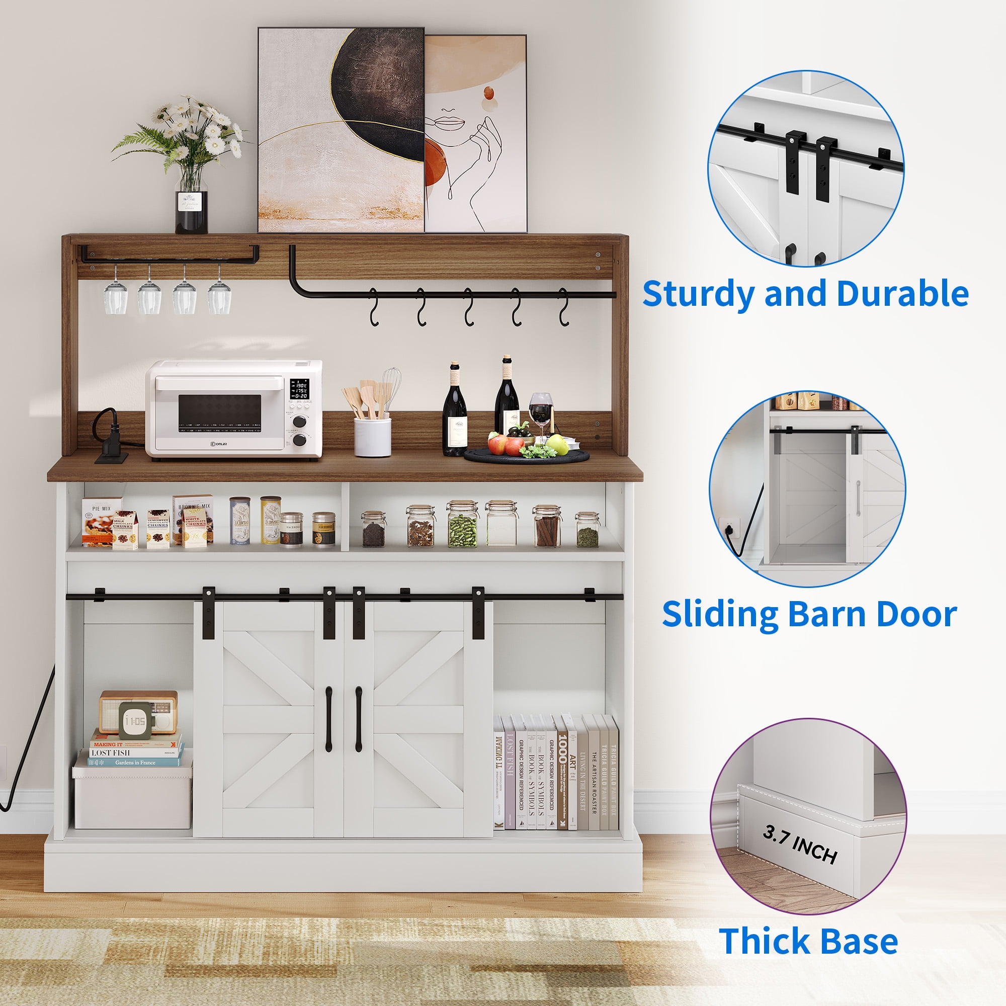 Uforic 47" Farmhouse Coffee Bar Cabinet with Power Outlets, Sliding Barn Door Sideboard, Modern White