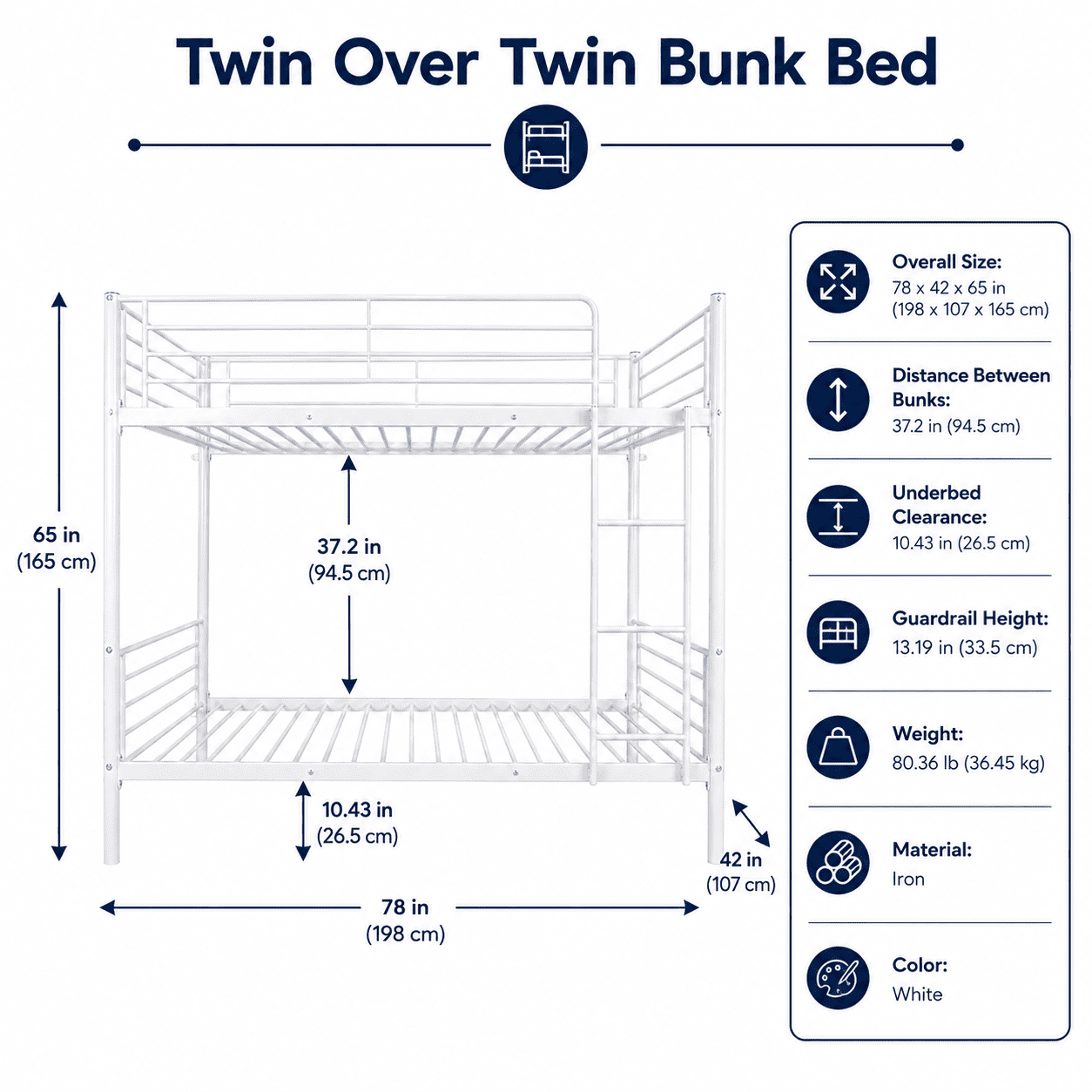 Alvantor Twin over Twin Metal Bunk Bed with Reversible Ladder and Guardrails, White